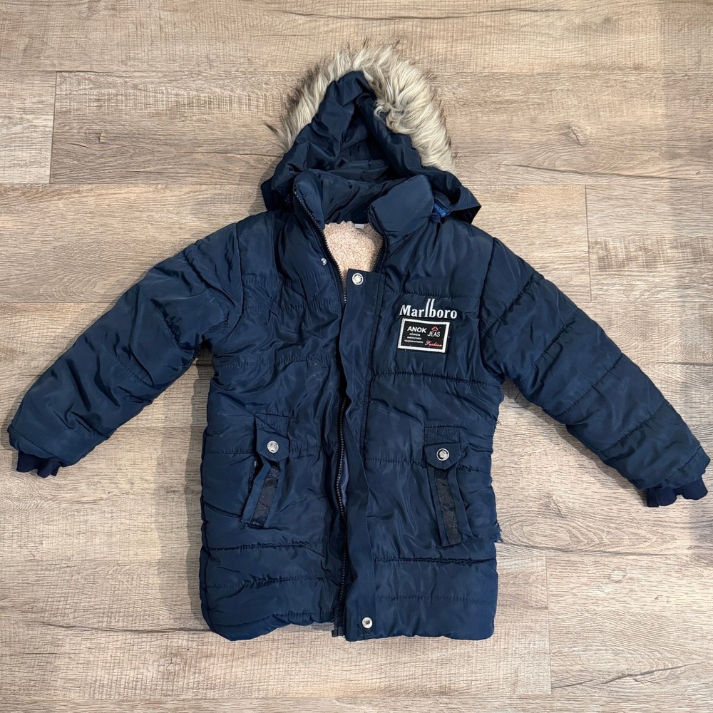 Marlboro Anok Jeas Navy Puffer Parka Jacket Faux Fur Hood Sherpa Lined XL